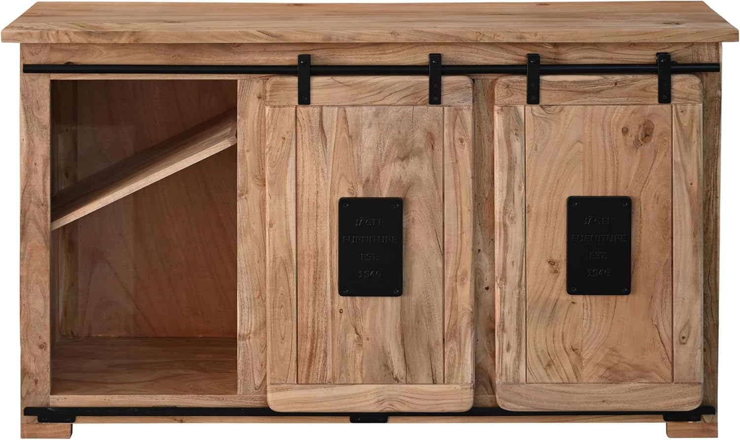 SAM Wein-Sideboard Libro, Akazienholz massiv + naturfarben, Weinschrank mit 2 Holzschiebetüren, 3 Schubladen, 3 offenen Fächern & 16 Flaschenfächern, Griffe & Reling aus Eisen, 145 x 45 x 85 cm