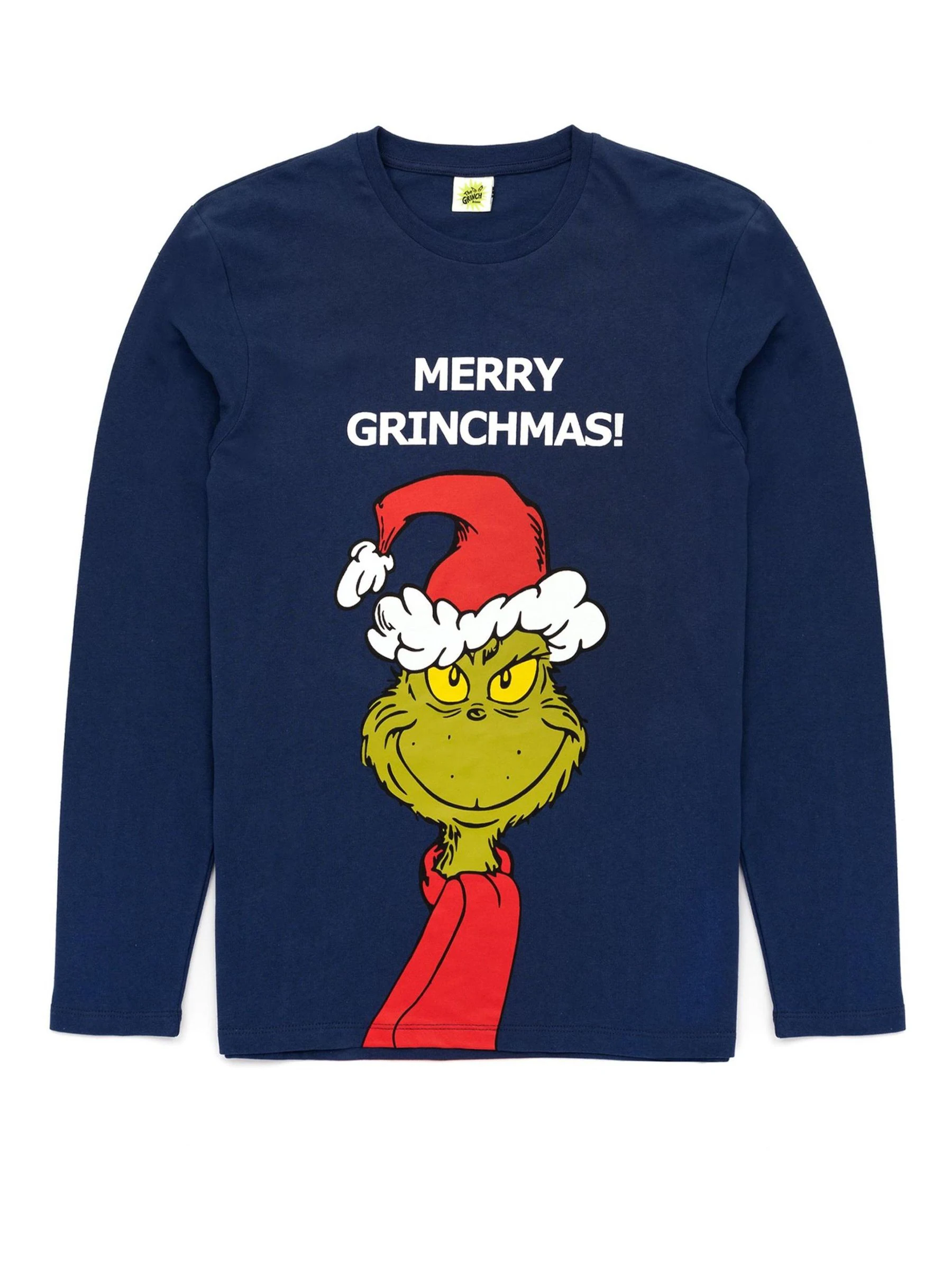 Blauw - Vanilla Underground 100% katoenen The Grinch Unisex pyjama met lange mouwen, lange pijpen en Merry Grinchmas-kerstslogan