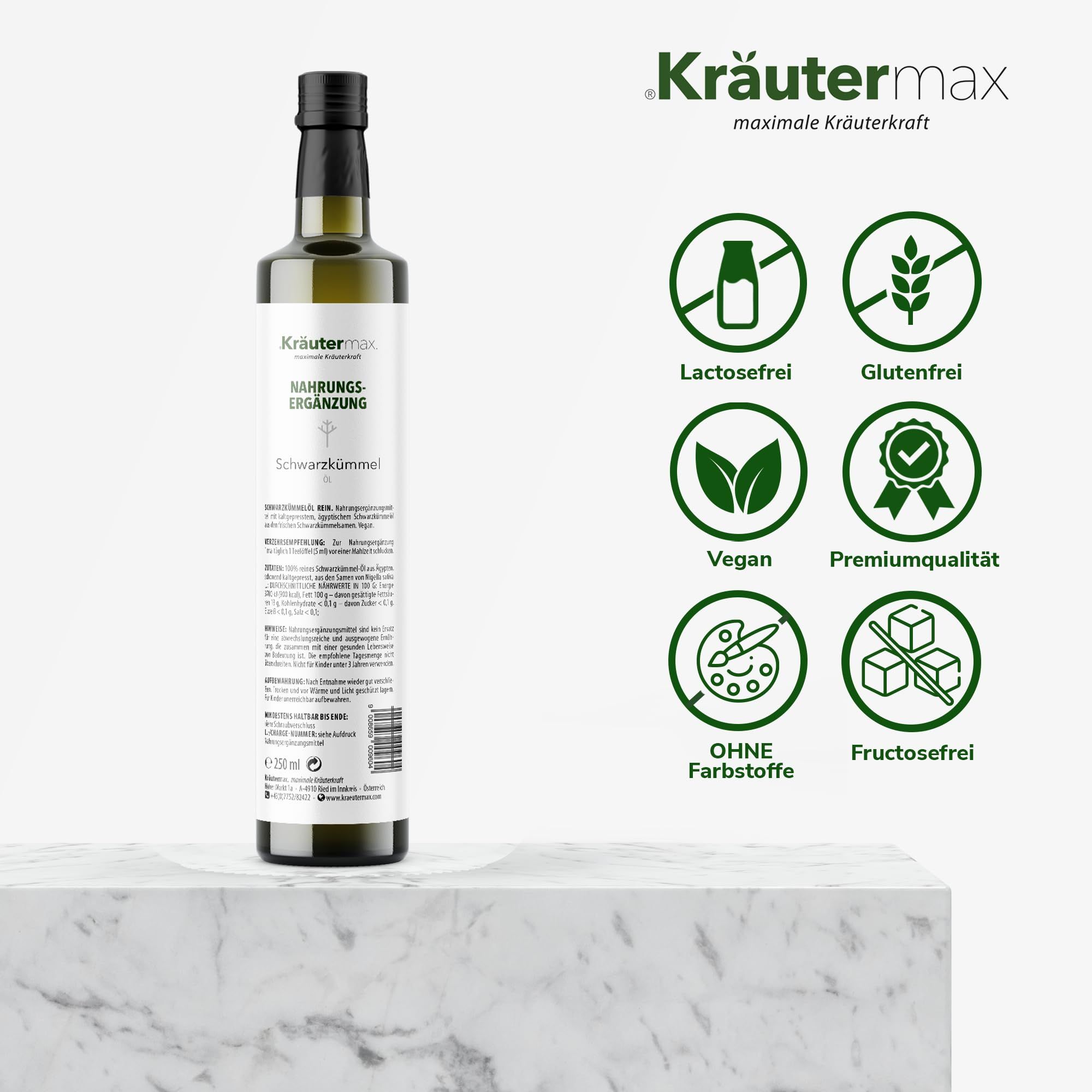 Kräutermax Schwarzkümmelöl, ägyptisch, rein, kaltgepresst. Vegan.