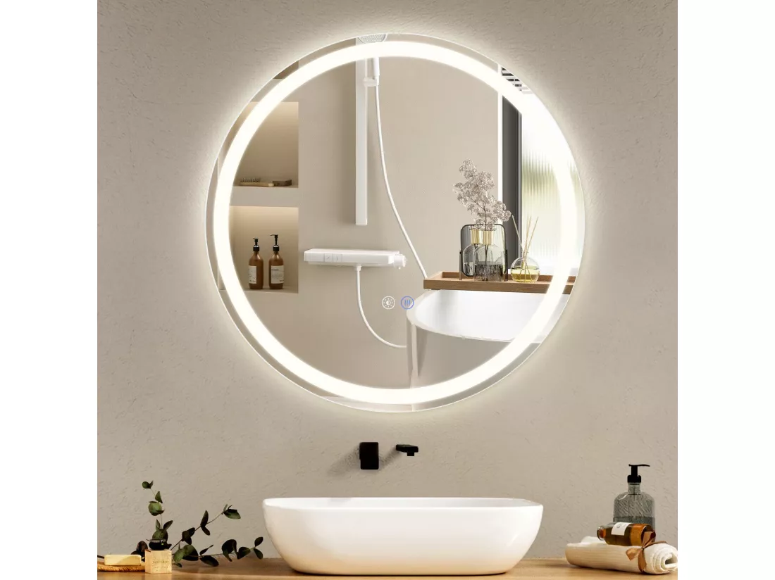 NETTLIFE Miroir lumineux salle de bain - Rond 50 cm LED, mural, interrupteur tactile, antibuée, IP44, réglable 3000K-6500K