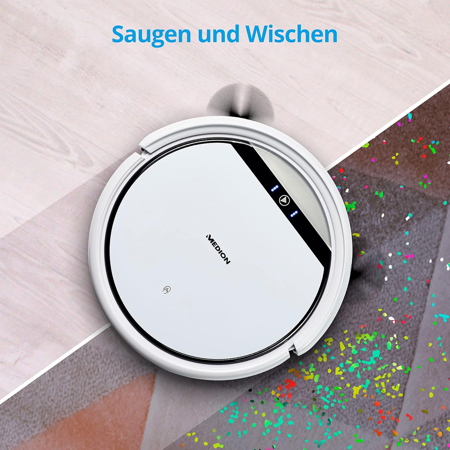 MEDION Saugroboter mit Wischfunktion E32 SW (2in1 Roboterstaubsauger für Böden Fliesen, Tierhaare Allergiker optimiert, Fernbedienung, Ladestation)