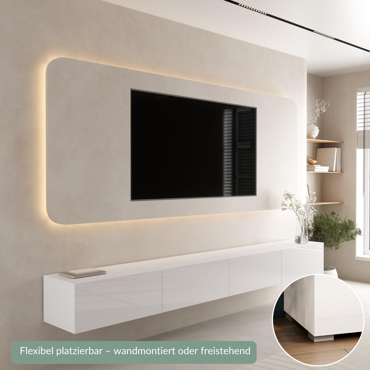 Planetmöbel West TV-Schrank, Fernsehtisch 280 cm lang, TV-Board hängend oder stehend, Fernsehschrank für Wohnzimmer, 2X TV Möbel 37,8 x 140 x 30 cm, weiß
