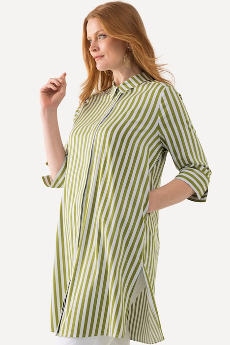 Longbluse, Streifen, A-Linie, Hemdkragen, 3/4-Arm