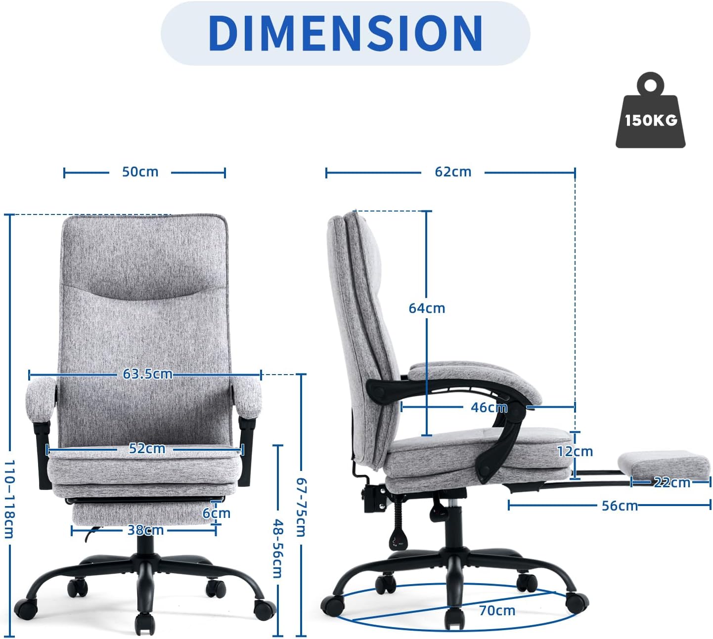 Ergonomischer Bürostuhl mit Liegefunktion, Fußstütze, 90°-135° Neigbar Schreibtischstuhl, Synchronisierte Armlehnen, Belastbar bis 150kg, Hochlehner Chefsessel, Breite Sitzfläche, Stoff, Grau