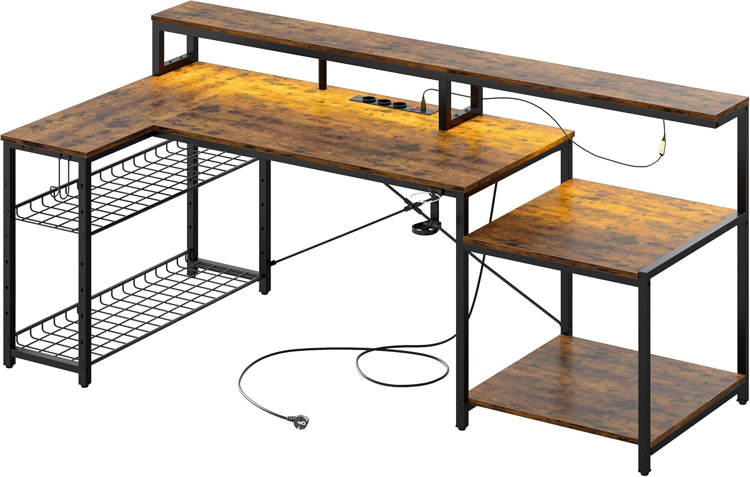 Bestier Gaming Tisch, 181x80 cm Schreibtisch mit LED-Leuchten, L-förmiger Schreibtische mit 3 AC-Steckdosen und 2 USB Ladeanschluss, Computertisch mit großzügiger Monitorablage, Kohlefaser