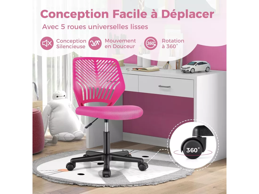 Chaise de Bureau Pivotante Enfants avec Hauteur Réglable 77-89cm, Siège à roulettes avec Dossier Ergonomique & Base à 5 Étoiles, Charge 150kg pour Enfant Adolescent Adulte (Rose)