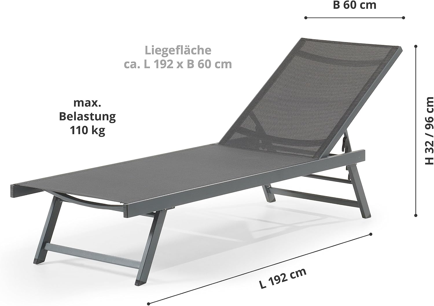 Leco-Sonnenliege Elina – Formschöne Aluminium-Gartenliege mit 5fach Verstellbarer Rückenlehne und einklappbaren Füßen – Gestell Anthrazit
