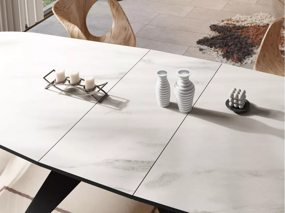 Table à Manger Extensible Style Loft - Table Industrielle Avec Pieds Métalliques Noirs - Design Moderne Pour Salon - 160 Cm Extensible à 200 Cm - Marbre Blanc