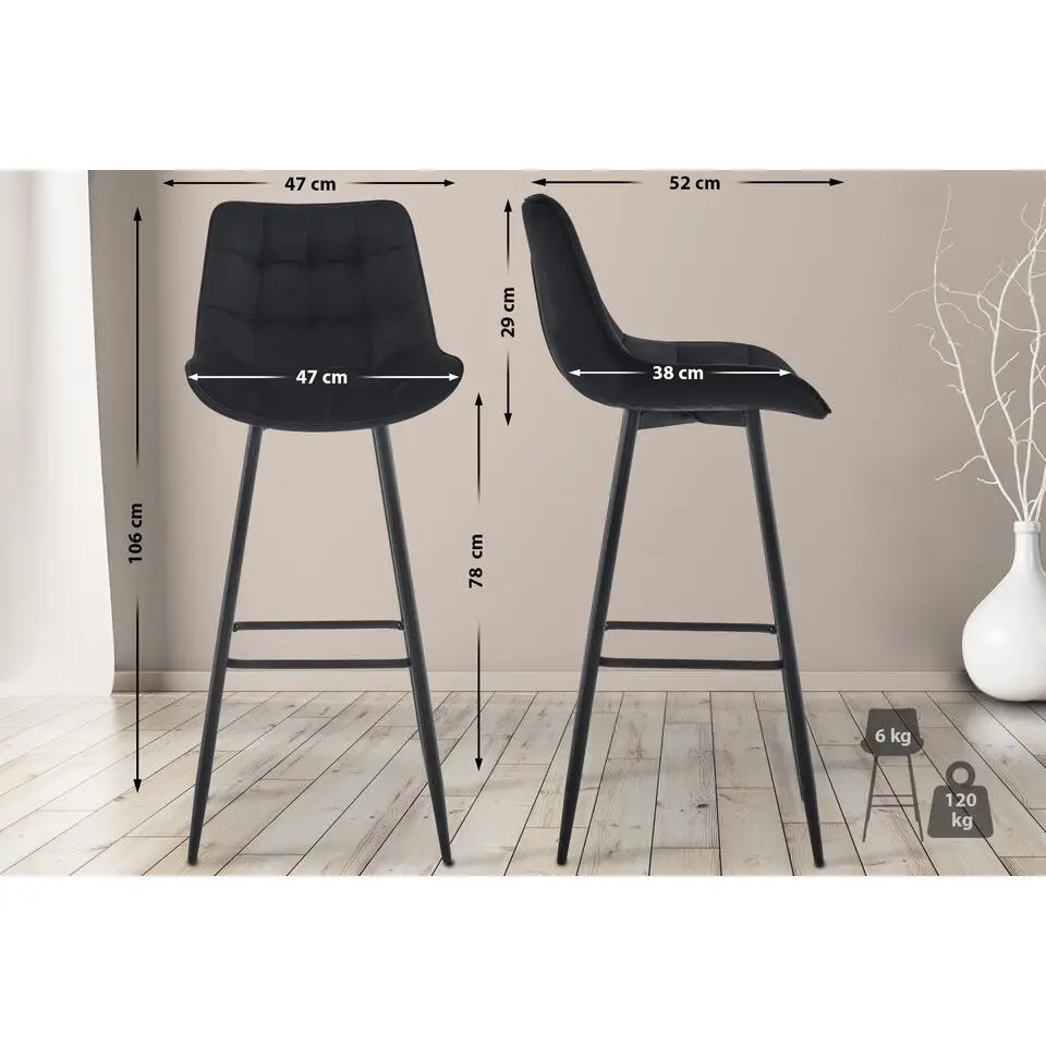 CLP Set van 2 Barkruk Dartford mat zwart Frame - Fluweel - zwart