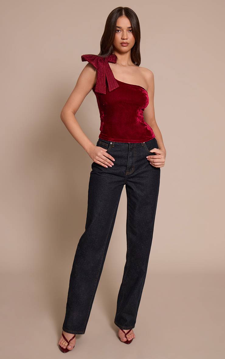 Rouge Bordeaux Haut Long Asymétrique En Velours À Sequins Avec Détail Nœud