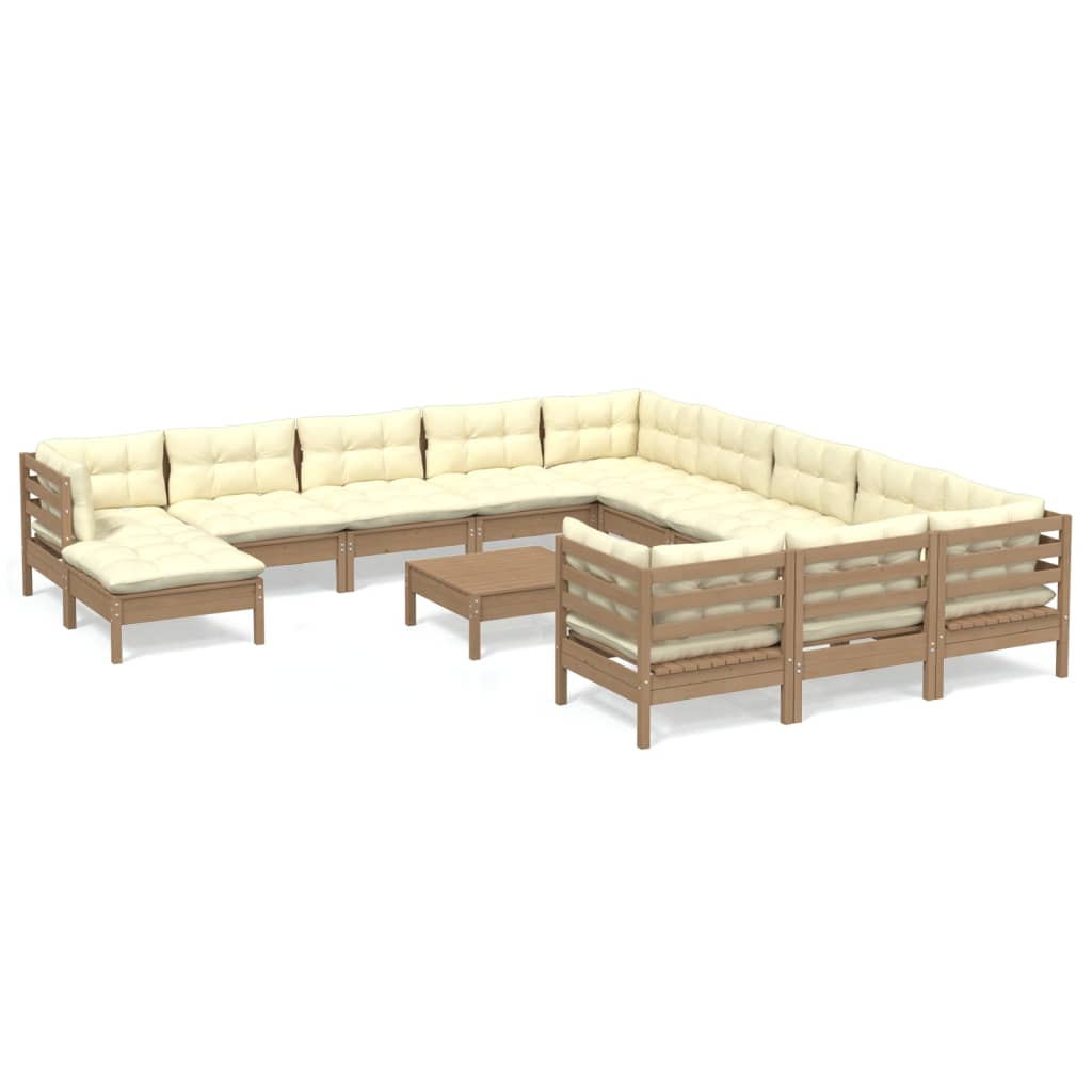 Salon de jardin meuble d'extérieur ensemble de mobilier 13 pièces avec coussins marron miel bois de pin