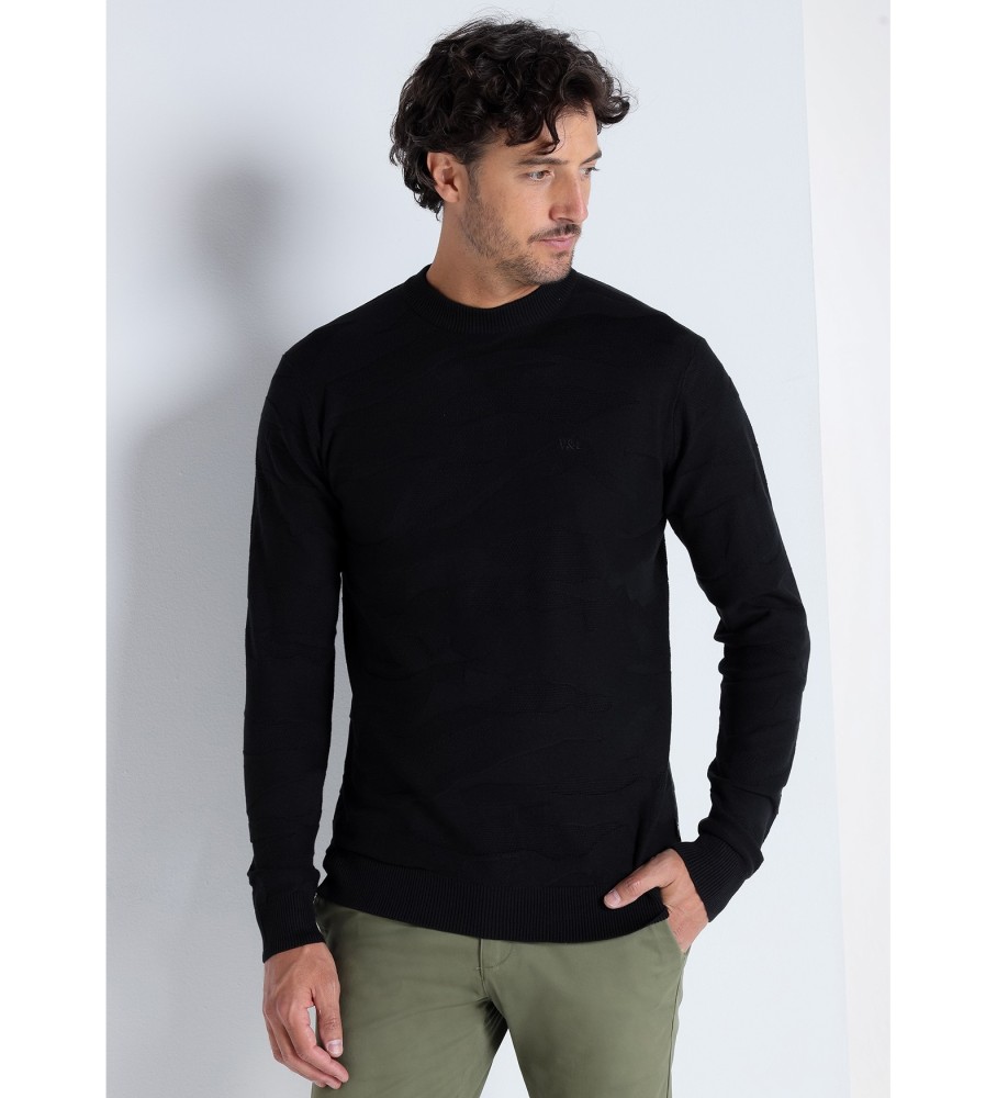 Victorio & Lucchino, V&L Camisa Preta com Gola Caixa em Jacquard Abstrato