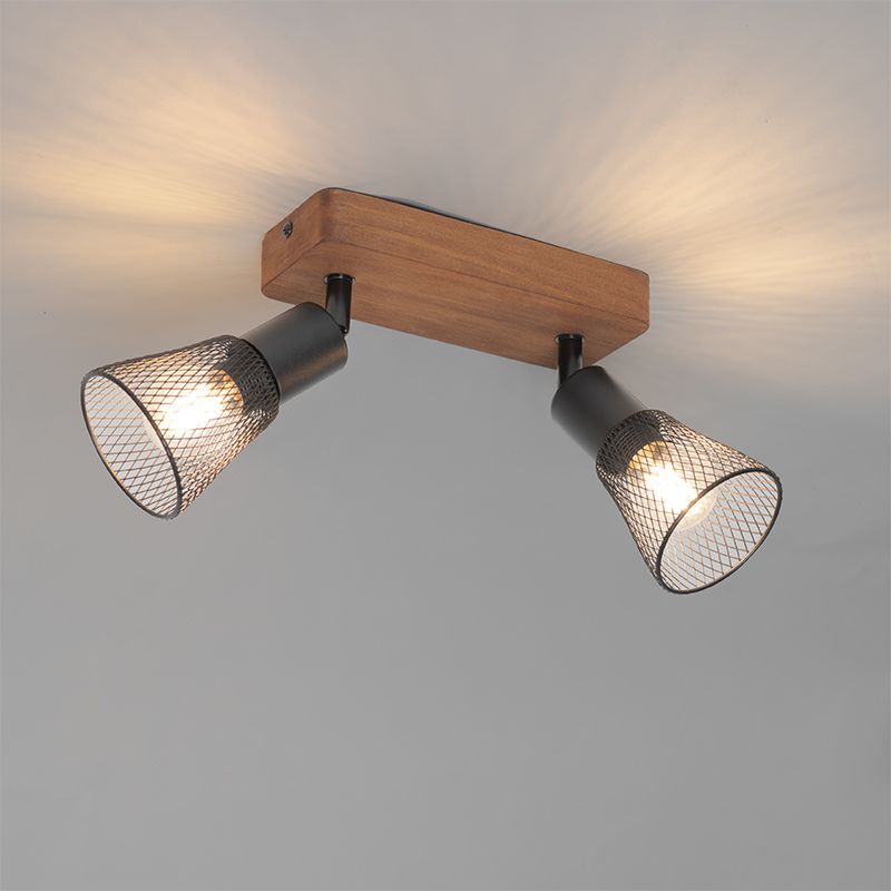 Industriële spot zwart met hout 2-lichts - Kristina