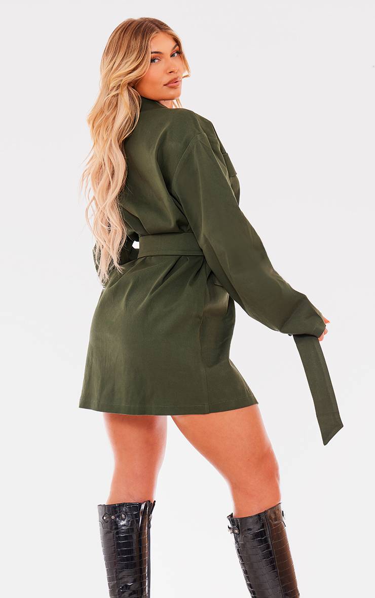 Kaki Robe Blazer Tissée Ceinturée À Boutons