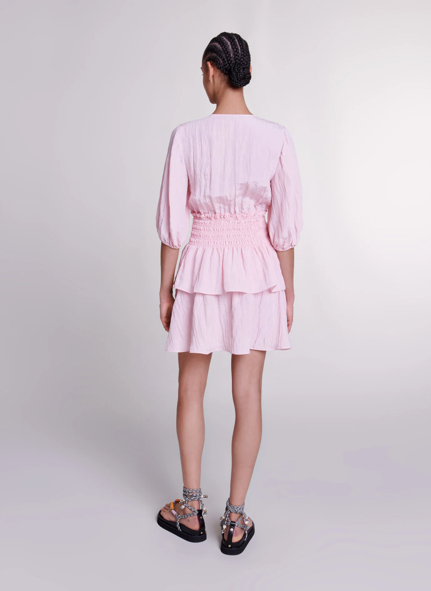 Robe courte col V à volants| Rose