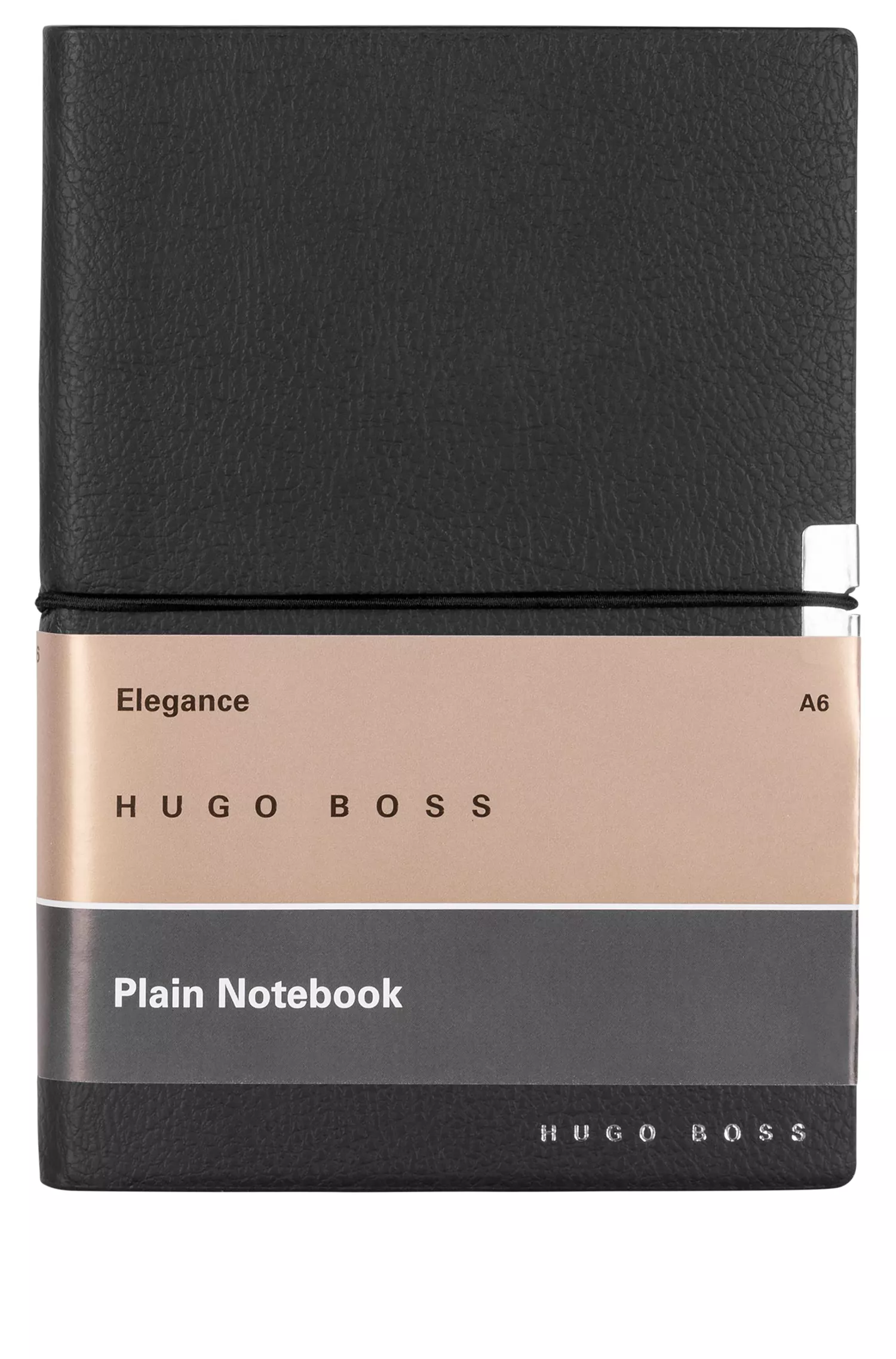 Caderno BOSS Black-A6 em couro sintético preto com elástico.
