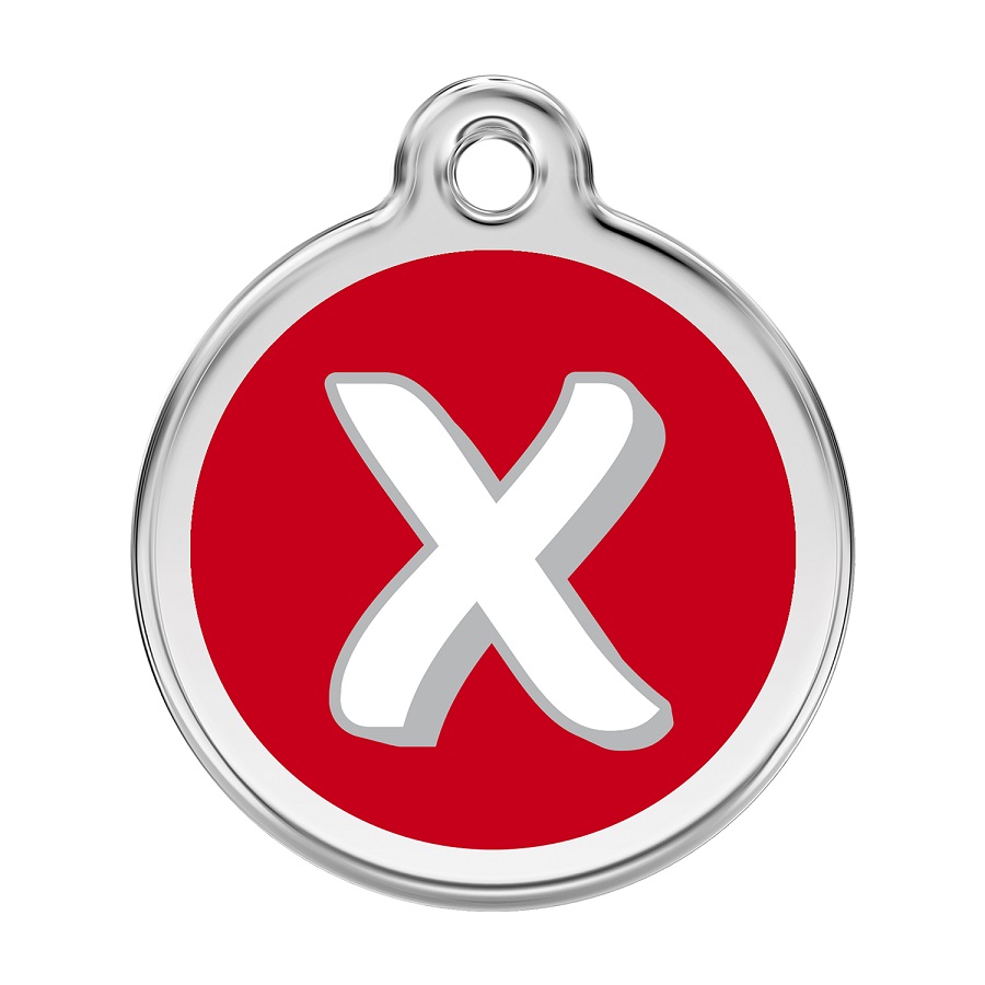 Placa de identificação para cães em aço inoxidável esmaltado com a letra X do alfabeto, vermelha.