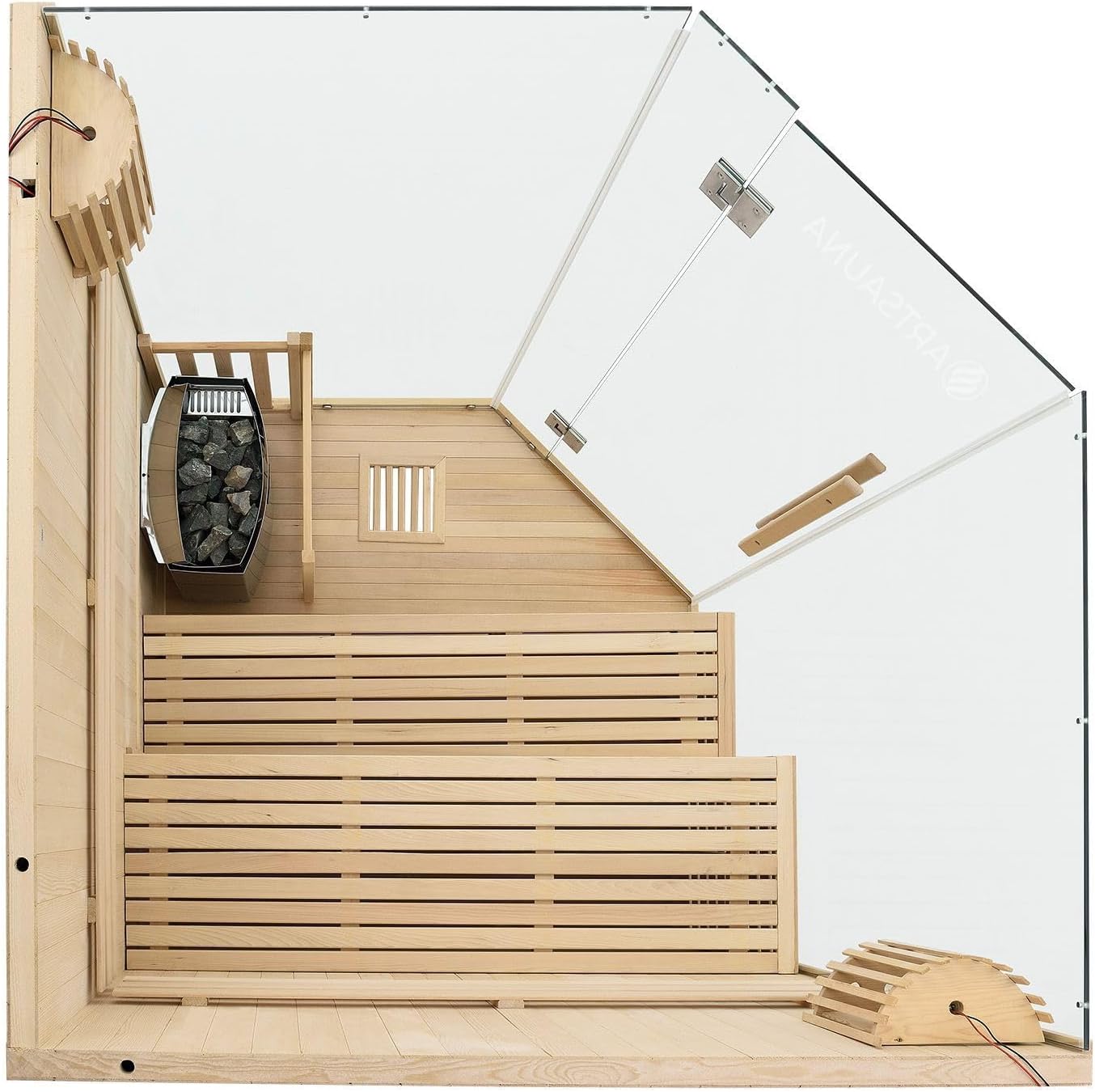 Artsauna Saunakabine Espoo150 Premium mit Harvia Ofen — 3 Personen — Hemlock Holz, Glasfront und LED Licht — Inkl. Thermometer & Sanduhr —Komplett Set