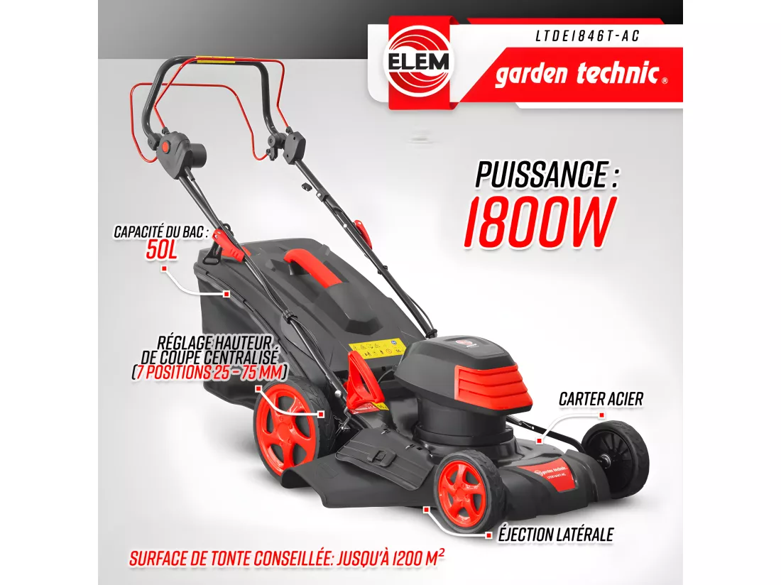 Tondeuse à gazon électrique tractée 1800W - 46CM avec carter en acier - Elem Garden