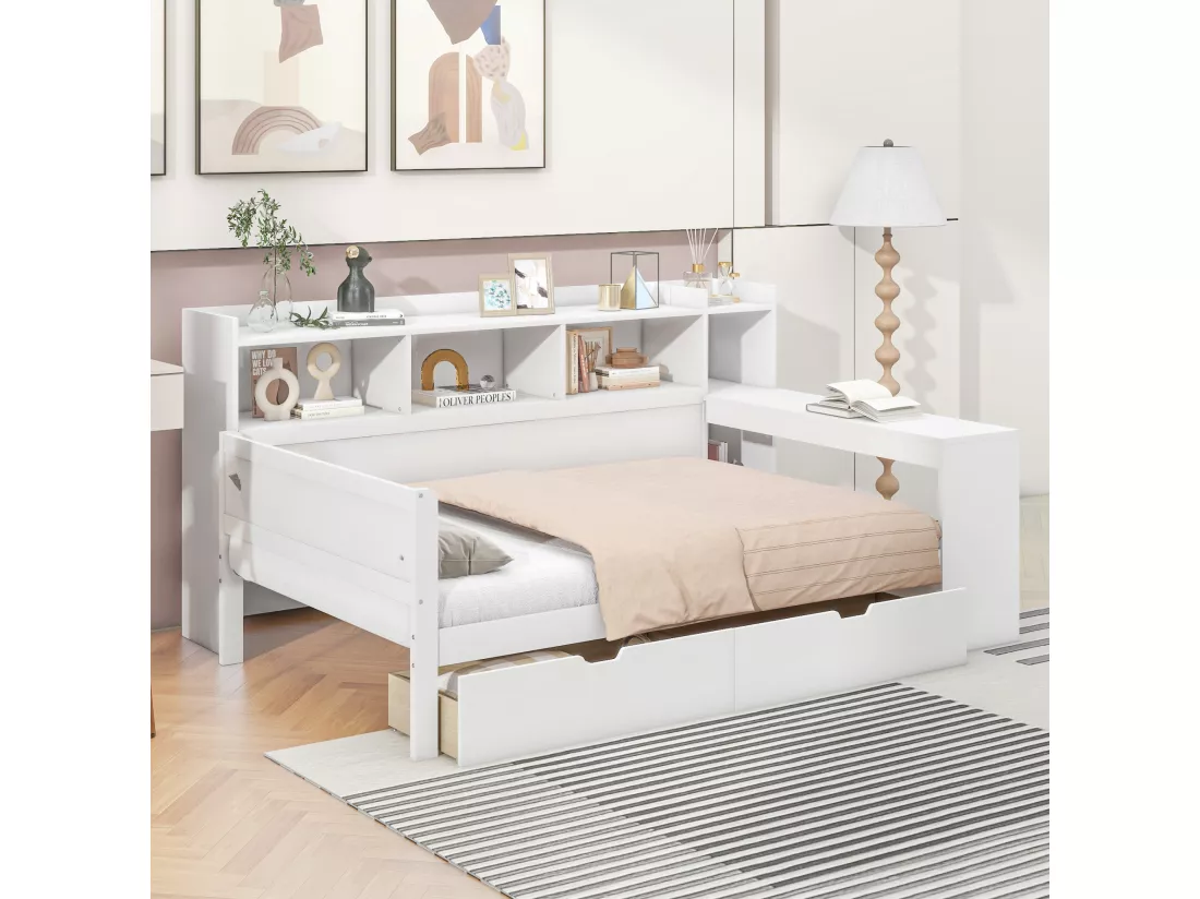 Lit banquette 90x200cm - bureau avec prise USB - 2 tiroirs & étagères - Blanc (matelas non inclus)