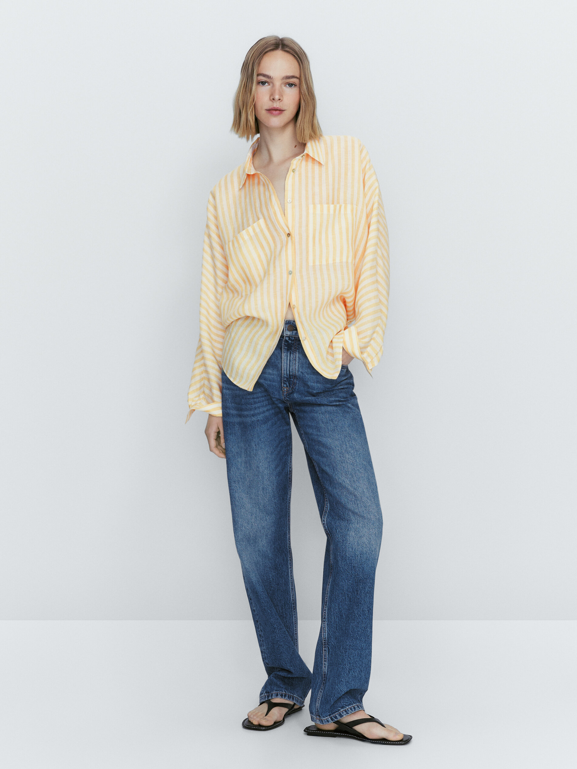 Camisa rayas bolsillos 100% linho - AMARILLO
