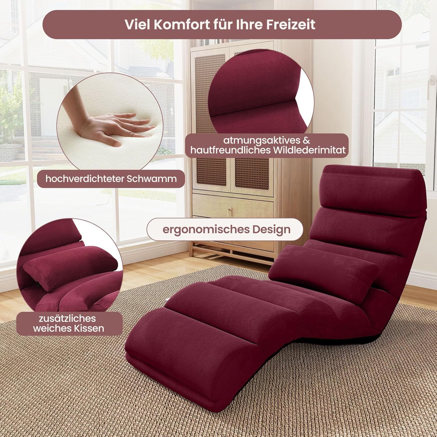 COSTWAY Relaxliege klappbar, Bodenstuhl mit Verstellbarer Rückenlehne, Bodenliege mit Schlaffunktion, Bodensofa, Bodensessel für Gaming, Schlafen, Lesen, Rot