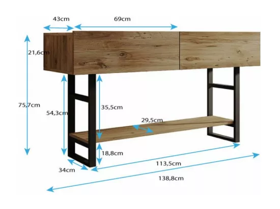 Meuble d'entrée en Pin Atlantique et Acier avec 138,8x43x75,7cm Factory R1
