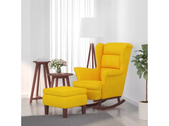 Chaise à bascule avec pieds en bois et tabouret Jaune Velours