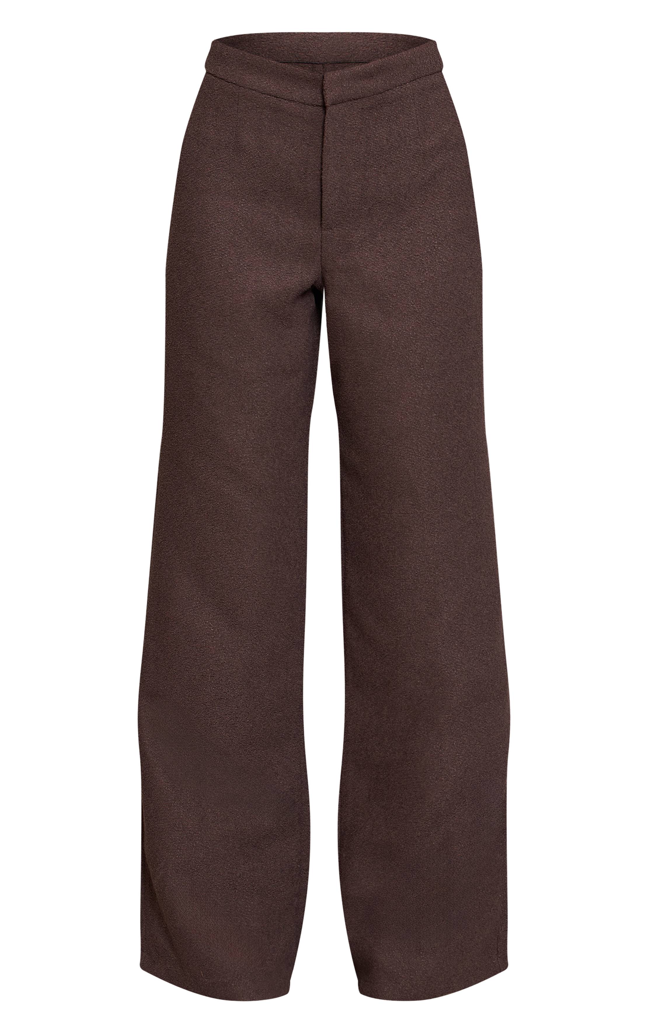 Marron Foncé Pantalon Droit Taille Basse En Bouclé