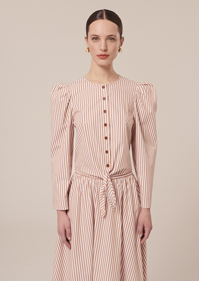 Chemise Cleoblanche à rayures marron en popeline