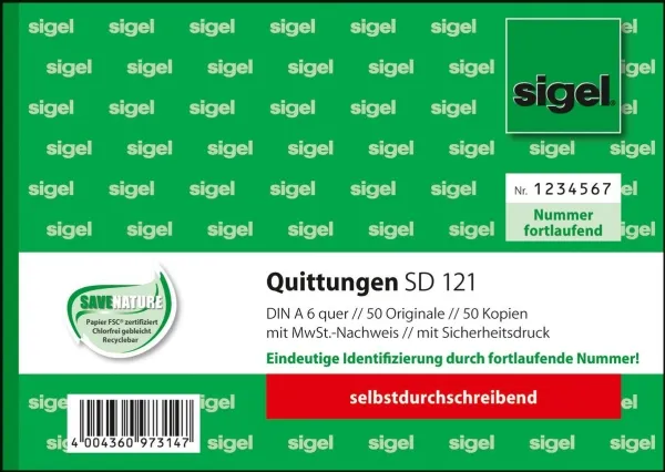 Sigel - Kvittering - 50 ark - A6 - landskab - duplikat - karbonfri
