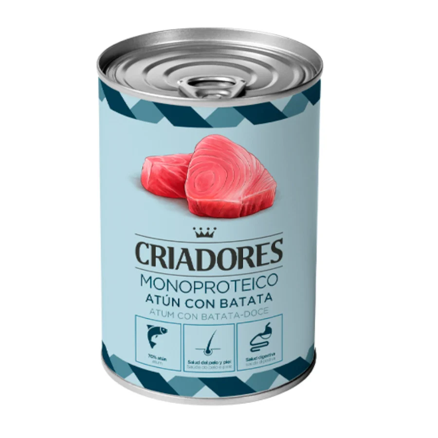 Ração enlatada de atum monoproteico e batata-doce para cães da marca Breeders.