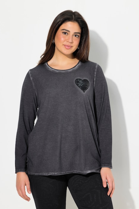 Shirt, cold dyed, Pailletten-Herz, V-Ausschnitt, Langarm