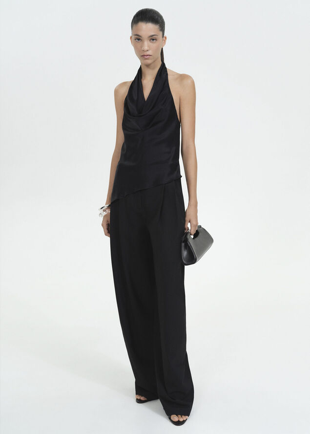 MANGO Draped satin backless top Black