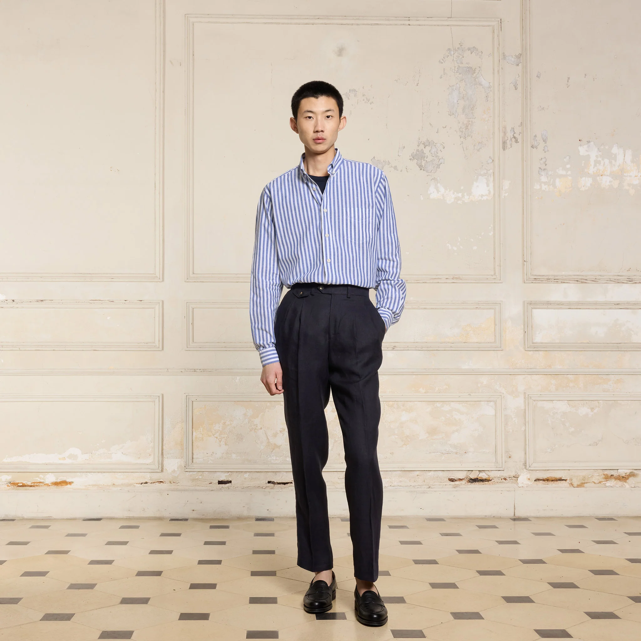 Blue and white striped cotton and linen shirt