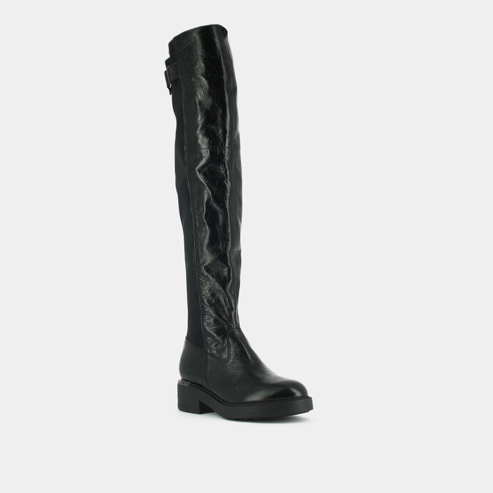 Bottes bi-matières et boucles  en cuir et stretch noir