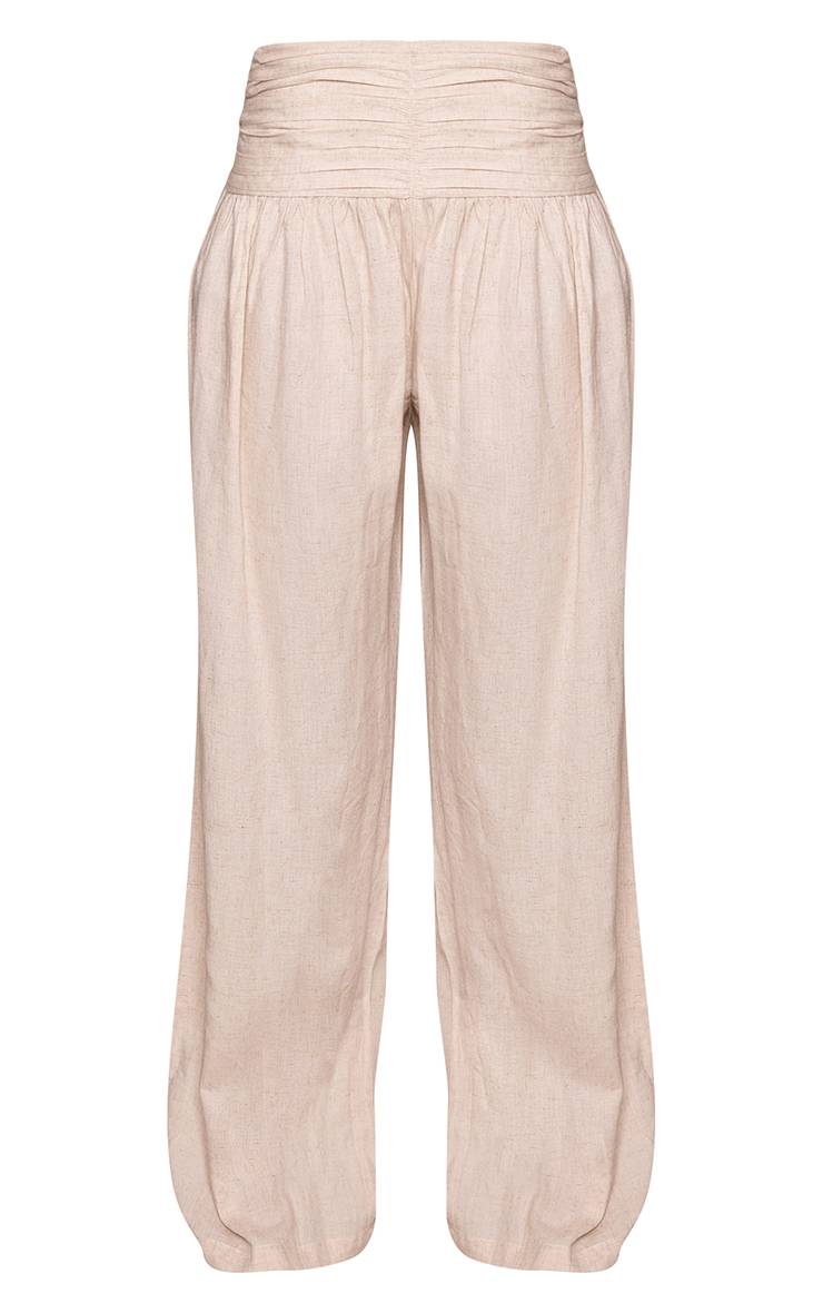 Beige Pantalon Taille Haute Froncée En Lin Pour Grandes Tailles - Ensemble Coordonné