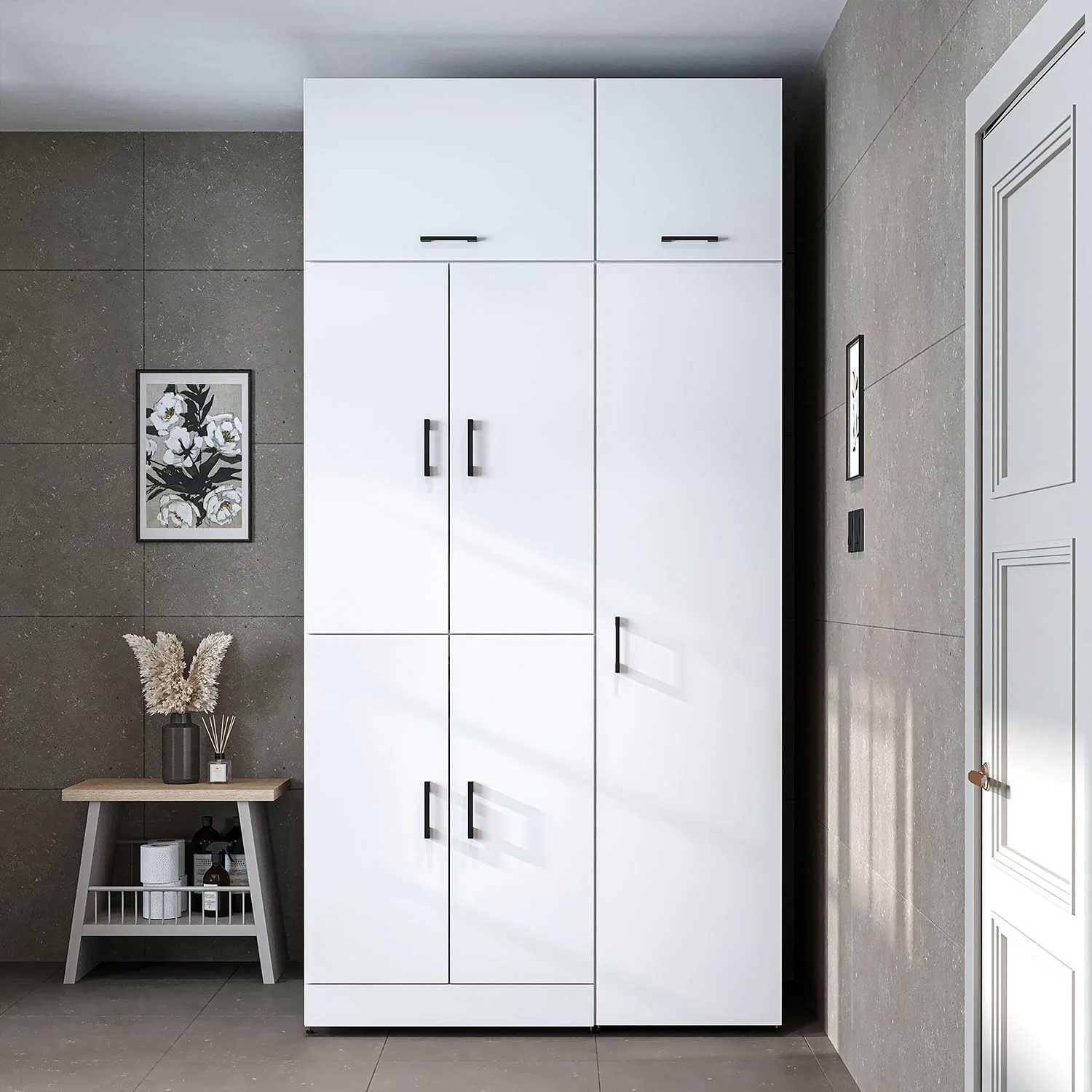 ROOMART Dora - Armoire de machine à laver - Pour sèche-linge et machine à laver - En 4 couleurs - Avec portes et panneau coulissant - Blanc - Chêne blanc - Chêne anthracite - Chêne blanc (chêne blanc)