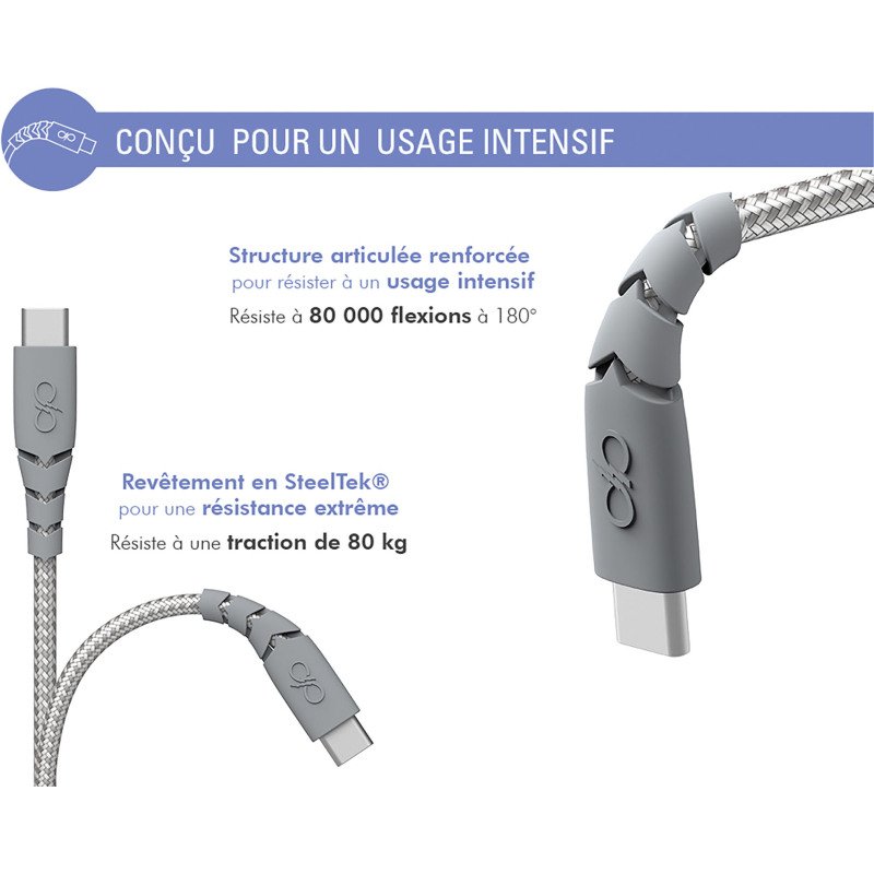 Force Power câble ultra-renforcé USB C / USB C  3 m gris