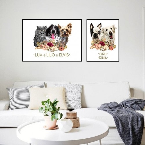 Retrato triplo realista e personalizado de Mascochula Friends com seu animal de estimação.