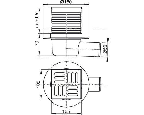 Alcadrain vloerafvoer 105 mm x 105 mm met horizontale uitloop DN 50 mm, RVS rooster, combi-stankafsluiter SMART