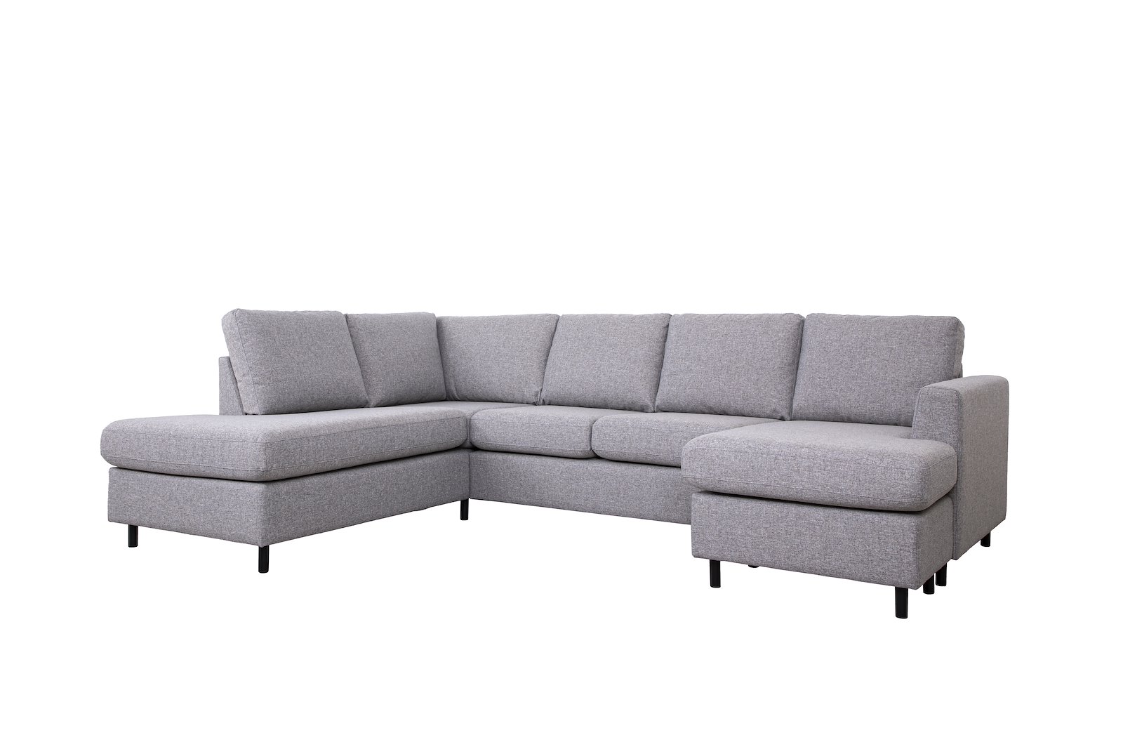 Oslo hjørnesofa Åpen ende venstre med 2-seter og sjeselong høyre. Tekstil Hyge 11 beige med sorte ben.
