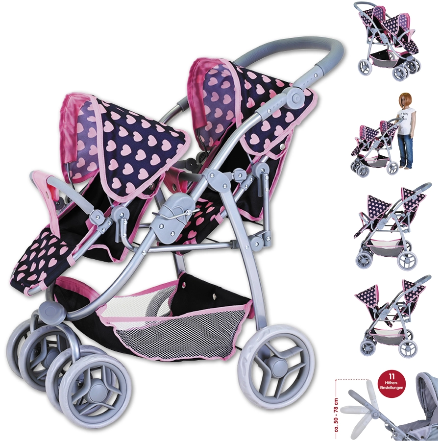 knorr toys® Zwillingspuppenwagen Milo - Pink Hearts blau
