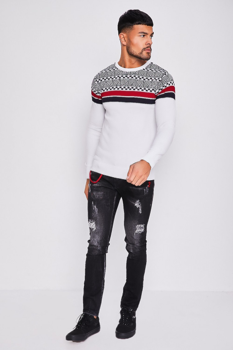 Pull en maille blanc à motifs grecs et bandes