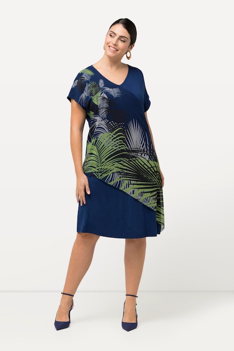 Jerseykleid, Palmenblätter, V-Ausschnitt, Halbarm