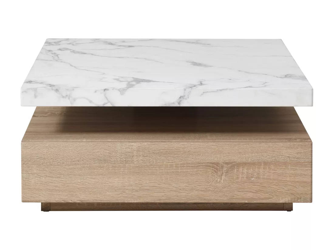 Table basse pivotante avec 1 tiroir en MDF - Effet marbre blanc et Naturel - KYRIA