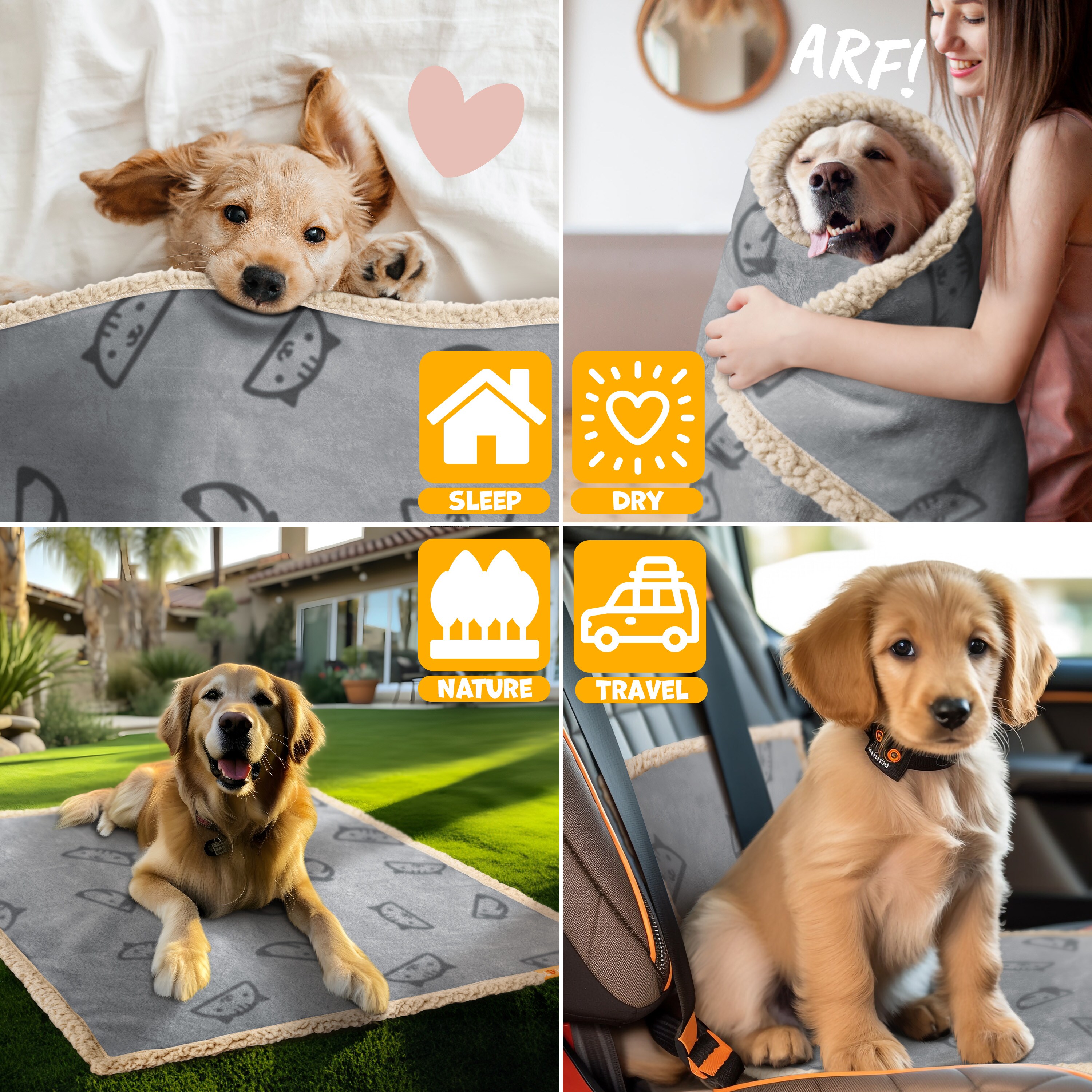 LOVPET® wasserdichte Hundedecke, Sherpa Fleece Haustier Decke + 3x Spielzeugknochen, maschinenwaschbar, beidseitiger Sofabezug-Schutz