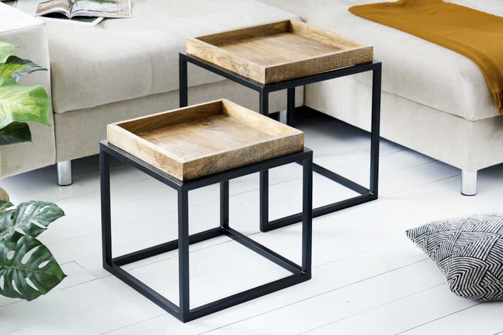 2er Set Beistelltisch SERVITEUR 50cm natur Mangoholz schwarzes Metallgestell Couchtische massiv
