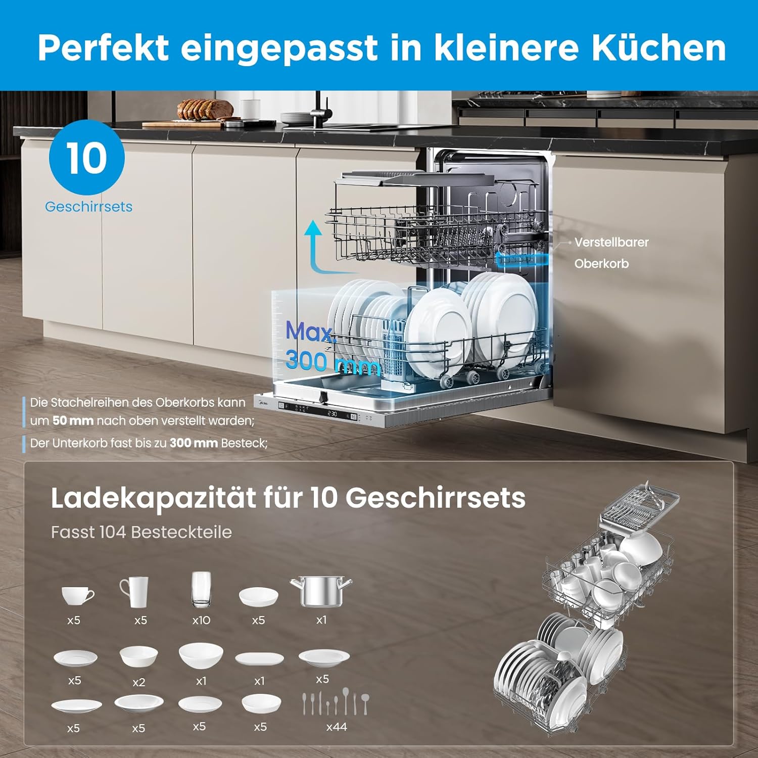 Midea MDWEB1014K Spülmaschine Vollintegriert 45 cm, 10 Maßgedecke, 8 Programme, Verstellbarer Oberkorb, LED Display, Halbe Ladung, Startverzögerung, Geschirrspüler Einbaugerät mit WIFI