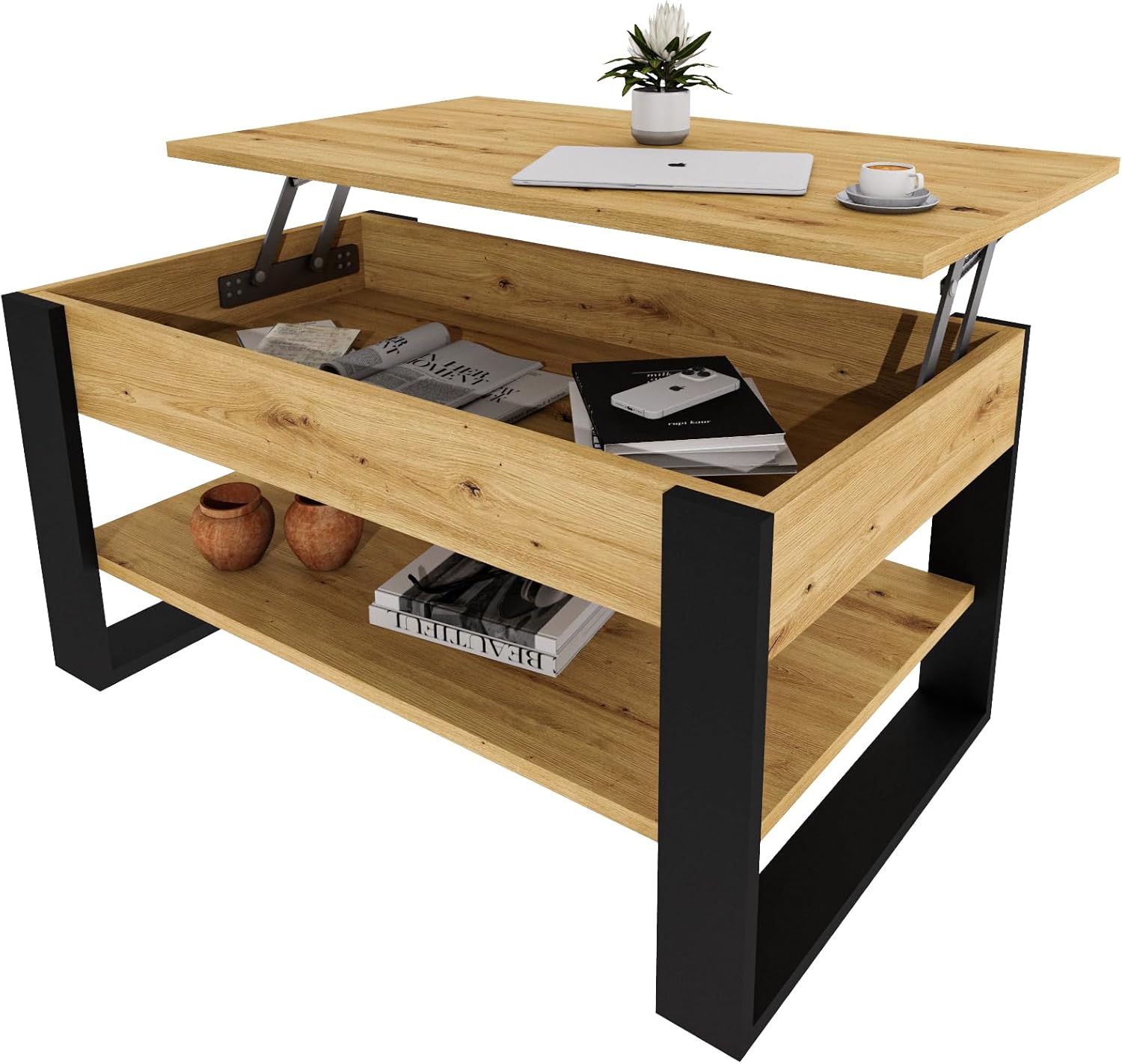Couchtisch mit anhebbarer Platte | Höhenverstellbarer Wohnzimmertisch mit Stauraum | Sofatisch Eiche Artisan Schwarz modern mit Ablage & verstecktem Fach – Coffee Table für Wohnzimmer & Büro